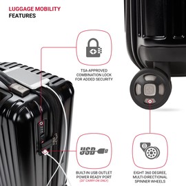 SwissGear 7910 Hardside Expandable Luggage with Spinner Wheels, TSA Lock and USB, Black, Carry-On 20-Inch