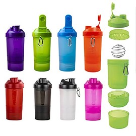 GYM Shaker de plástico con compartimentos, resorte de acero y colador. Ideal para gimnasio. Cap. 450 ml. (Morado)