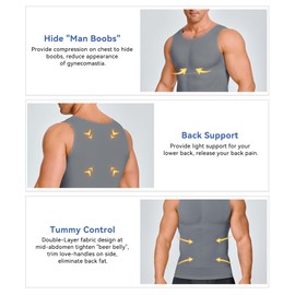 Mens Compression Shirt Vest Workout Tank Tops Abs Abdomen Undershirts 2 Packs - Grey, Large