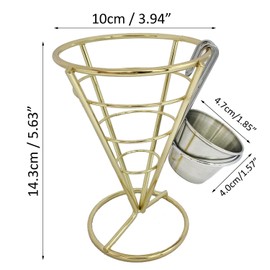 MIAO JIN 2Pcs French Fries Stand Cone Basket Fry Holder with Sauce Dippers Metal Cone Snack Fried Chicken Display Rack Wire Stands for Kitchen Restaurant Party Supplies (Gold)