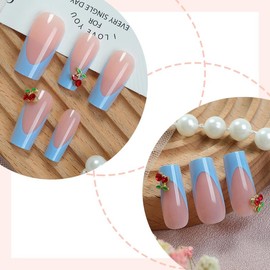 ONPRESS 24Pcs Summer Press on Nails Medium Square Fake Nails with 3D Gold Alloy Cherry Rhinestones Design Blue French Tip Acrylic False Nails Pink Nude Full Cover Stick on Nails for Manicure Decor