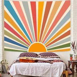 Kanuyee Boho Burning Sun Tapestry Wall Hanging, Retro 70s Abstract Vintage Geometric Rainbow Sunrise Tapestries for Bedroom Living Room Backdrop 60×80 inch