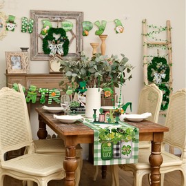 GEEORY St. Patrick's Day Table Runner 13 x 48 Inch, Shamrocks Plaid Mason Jar Decorative Holiday Table Decoration for Kitchen Dinning, Indoor Outdoor Dinner Party Décor GT142-48