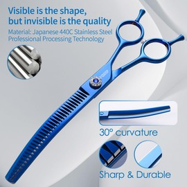 Professional Curved Chunkers Shears Dog Grooming 7.25'' Blue Curved Thinning Dog Grooming Scissors for Large Dogs Pet 35 Teeth Japan 440C(Curved Chunkers)