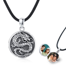 CRWENG Dragon Necklaces 925 Sterling Silver Dragon Photo Box Pendant Necklace for Dad Photo Locket Necklace Can Hold Two Photos Dragon Jewellery for Men and Women (photo box 1)