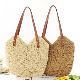 Mxaeyr Summer Straw Woven Handbag for Women,Women's Beach Shoulder Bag,Bohemian Crossbody Bag with Zipper,Large Capacity Holiday Female Casual Tote Bag,Light Khaki