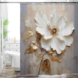 Elegant Floral Shower Curtain, Modern Minimalist White Flower and Gold Accents on Taupe Fabric Bathroom Decor, Waterproof & Washable Shower Curtain Set with Hooks, 72x72 Inch