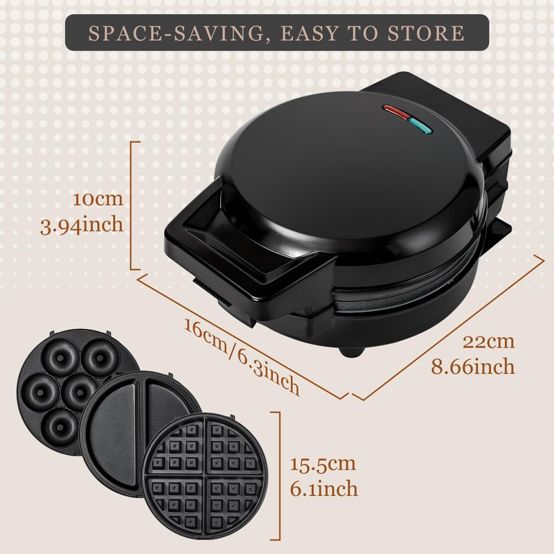 Mini Waffles Maker with 6 Removable Plates, 3 in 1