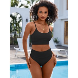 ANRABESS Bikini Sets for Women 2 Piece High Waisted Tummy Control Color Block Summer Beach Swimsuit Ribbed Swim Bathing Suit Black Small