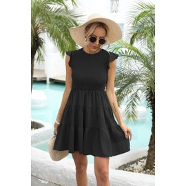 Liyinxi Women's 2023 Summer Casual Flutter Sleeve Cute Tiered Beach Black Dresses Crew Neck Smocked Elastic Waist Flowy Babydoll Mini Dress (L,8056 Black)