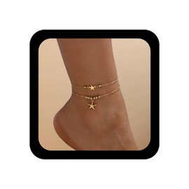 Allereyae Vintage Gold Starfish Anklet Bracelet Sea Starfish Anklet Adjustable Star Fish Foot Chain Layered Star Bracelet Bead Ball Jewelry for Women