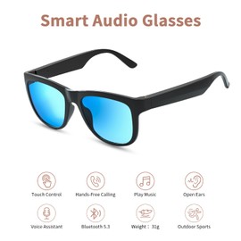 Tulbeys Smart Glasses, Bluetooth Audio Sunglasses for Men Women, Integrated Speaker & Mic, UV400 Polarized Lens, Open Ear Music, MFB Buttons Control Voice Assistant for Outside（Blue）