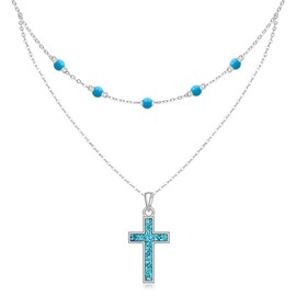 Talonior Cross Necklace for Women 925 Sterling Silver Turquoise Cross Layered Pendant Turquoise Jewelry for Women Men Mom Friendship Birthday Gift