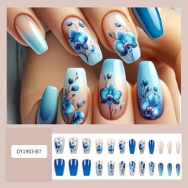 CJDLTS Flower Press on Nails Medium Ballets Shaped Blue Flower Pattern Design Acrylic False Nail Blue Gradient French Glue on Nail Spring Summer Manicure Glossy Artifical Stick on Nail for Women 24Pcs