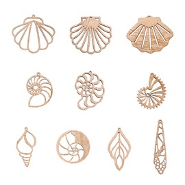 PandaHall 80 Pieces Wooden Earring Pendants in 10 Styles Shell Drop Shape Conch Leaf Flat Round with Snail House Earring Blanks with Jump Rings Earring Hooks for Jewellery Making