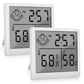 Indoor Thermometer Hygrometer - 2 Digital Humidity Meter Room Thermometer Indoor with Clock, Smiley Indicator, Room Thermometer Temperature for Baby Room, Living Room, Room, Office, White