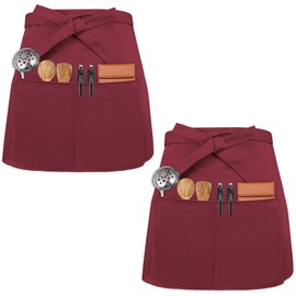 Colexy Premium Vorbinder Pack of 2 Waiter's Apron Waist Apron with 3 Pockets Baking Apron Waist Aprons Cooking Apron for Bistro Restaurant Hotel Cafe Chef Waiter Cleaning Painting Gardening, darkred