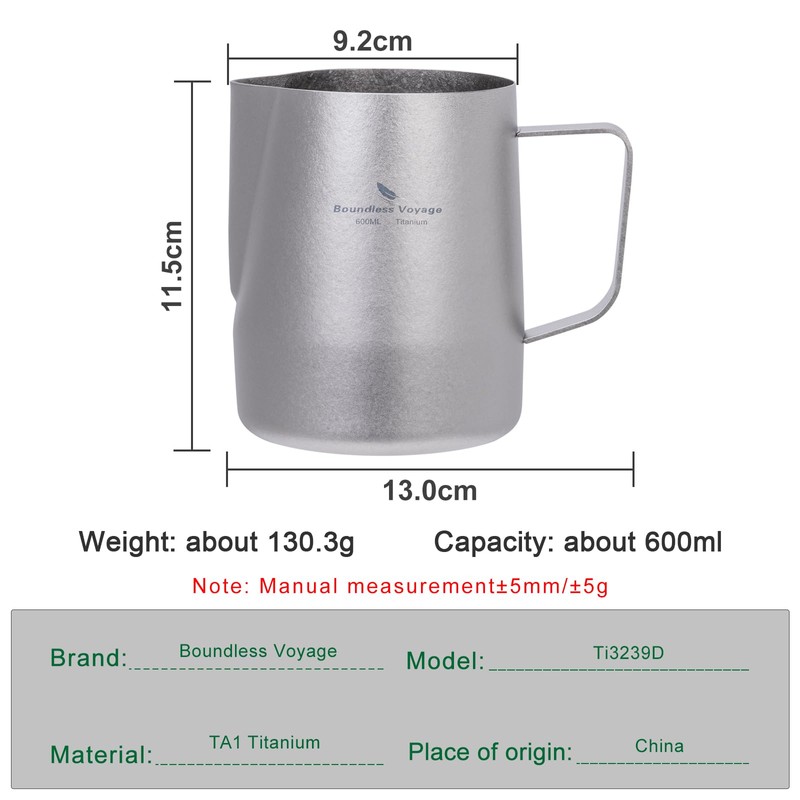 Boundless Voyage Titanium Espresso Steaming Pitcher Titanium Milk Frother Cup