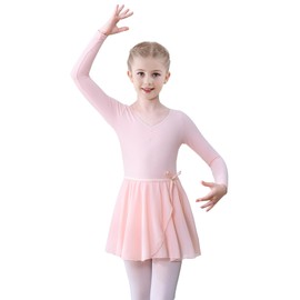 FONLAM Girls' ballet dress, ballet leotard, long sleeve dance dress, leotard, dance body, ballet skirt, children's ballet suit, cotton, pink