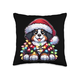 bernese mountain dog Santa Merry Xmas Fairy Lights Merry Christmas Xmas Bernese Mountain Santa Dog with Throw Pillow, 16x16, Multicolor