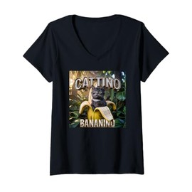 Womens CATTINO BANANINO Black Cat Italian Brainrot Meme Cat Lovers V-Neck T-Shirt