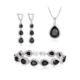 EleQueen Water Drop Pendant Necklace Long Dangle Earrings Tennis Bracelet Set, Sparkle Cubic Zirconia Silver Plated Black Teardrop Wedding Jewelry Sets for Bride Bridesmaid, Christmas/Valentine's Day/Mother's Day/Birthday Gift for Wife/Girlfriend/Mom/You