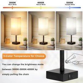 Bedside Table Lamps Set of 2 - Grey Bedroom Lamps with 3 Color Temperatures (3000K/5000K/4000K), Two Square Nightstand Lamps with USB C + A Charging Ports, Pull Chain Small Night Light for End Table