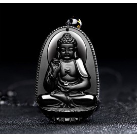 Bella Jade Buddha Pendant Necklace, Bodhisattva Amulet / Talisman. Made Of Obsidian Gemstone, No Metal