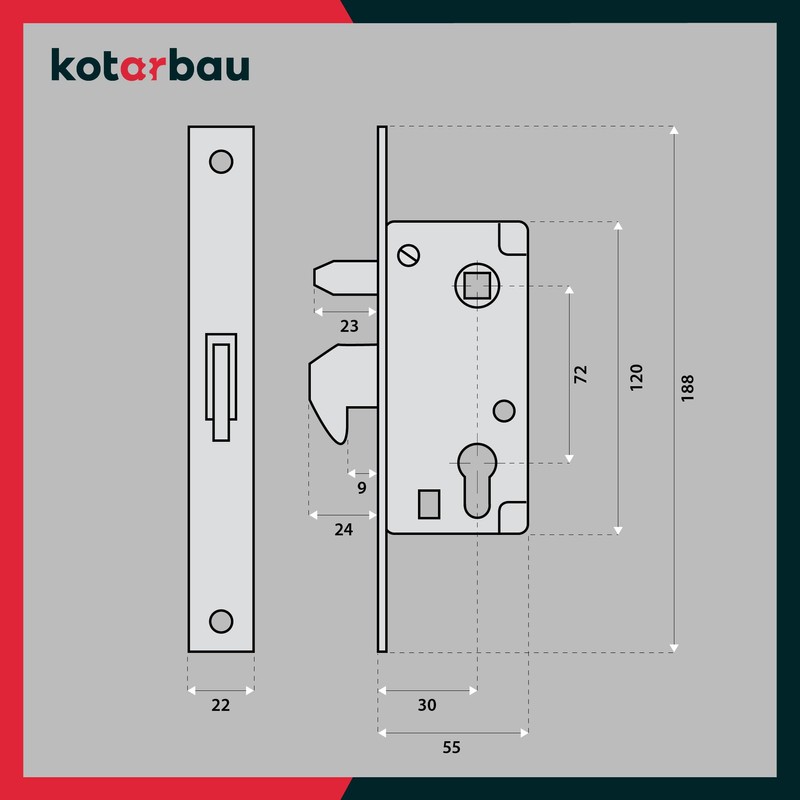 KOTARBAU® Hook Lock Mortise Lock Sliding Gates 72/40 Guide Pin