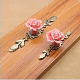 abodos Vintage Lovely Rose Flower Ceramic Door knob Antique Pull for Children's Room Drawers, cupboards, wardrobes, Dressers, cupboards, etc., with Screws, with zinc Alloy Faux Bronze Base. (2, Pink)