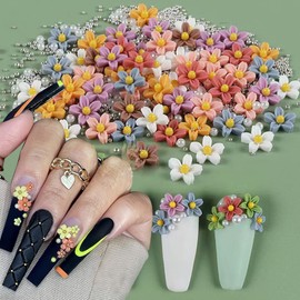 Daisy Nail Decals - 6 Grids of 3D Flower Nail Charms with Resin, Steel Beads & Rhinestones for DIY Floral Manicure Accessories