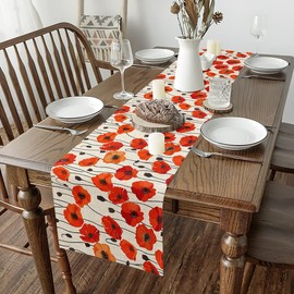 jejeloiu Poppy Flower Table Runner 60x13 Inch, Red Floral Botanical Home Decor for Living Room, Spring Rustic Garden Theme , Red