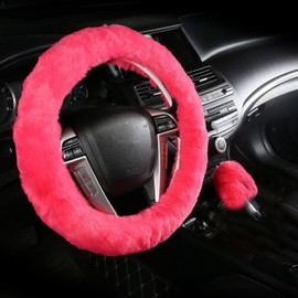 OHHMNKK 2 Pcs Furry Car Steering Wheel Cover with Fluffy Gear Shift Cover Soft Warm Non-Slip Car Decoration for Women Girls (Pink)