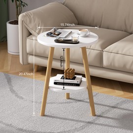 OERGKE Round End Table, Small Side Tables with Lower Shelf, Coffee Table, Bedside Table, Mid Century Modern Nightstand for Living Room, Bedroom, Corners and Office (White)