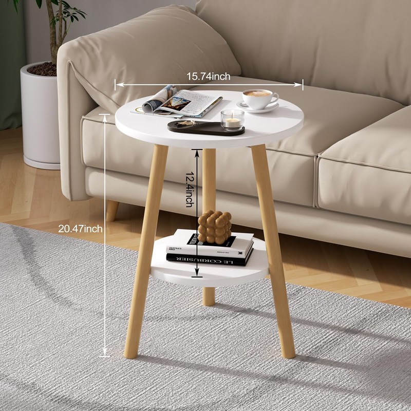 OERGKE Round End Table, Small Side Tables with Lower Shelf,