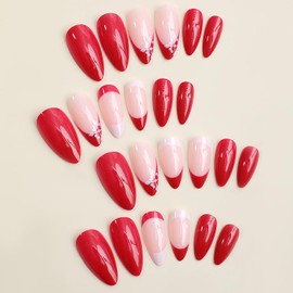 Christmas French Tip Press on Nails Medium Winter White Snowflake Design Acrylic Nails Red Nails Tip Almond False Nails Artificial Fake Nails Full Cover Glossy Coffin Nails Glue on Nails for Women