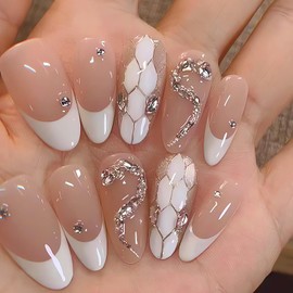 White French Tip Press on Nails Almond Shape Fake Nails, LPOODDNU Medium Artificial Nails White French False Nail Tips with Rhinestone Snake Glue on Nails for Women Finger Manicure Decorations, 24Pcs