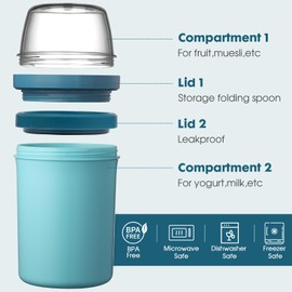 Bicchiere per cereali to Go da 600 ml + 270 ml, per yogurt, per bambini, con cucchiaio, per cereali, per la colazione, per yogurt