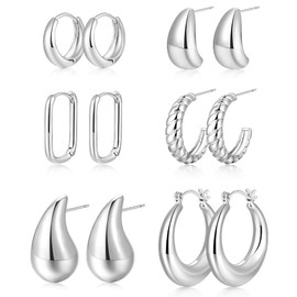 6 Pairs Gold Chunky Hoop Earrings for Women, 14K Gold Plated Croissant Open Hoop, Lightweight Teardrop Earrings Pack for Gift (6 Pair Silver)