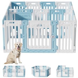Aoole 2 Room Dog Playpen with Door,DIY Shape Combination Puppy Pen,16-Panel+2 Link Piece+Large Door+Small Door,25.5" H Dog Fence,Non-Slip&Secure Pet Gate,Easy to Assemble,Blue+White