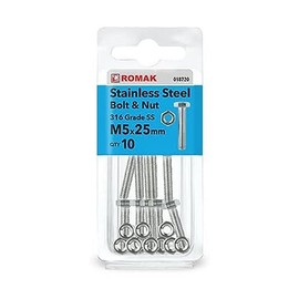 Romak 018720 Grade 316 Stainless Steel Hex Bolt and Nut, M5 Thread Size x 25 mm Thread Length