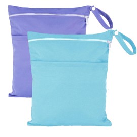 2 Pcs Wet Bag - Waterproof Wet Dry Bags - Reusable Washable Bags - Nappy Bags (Blue + Purple)