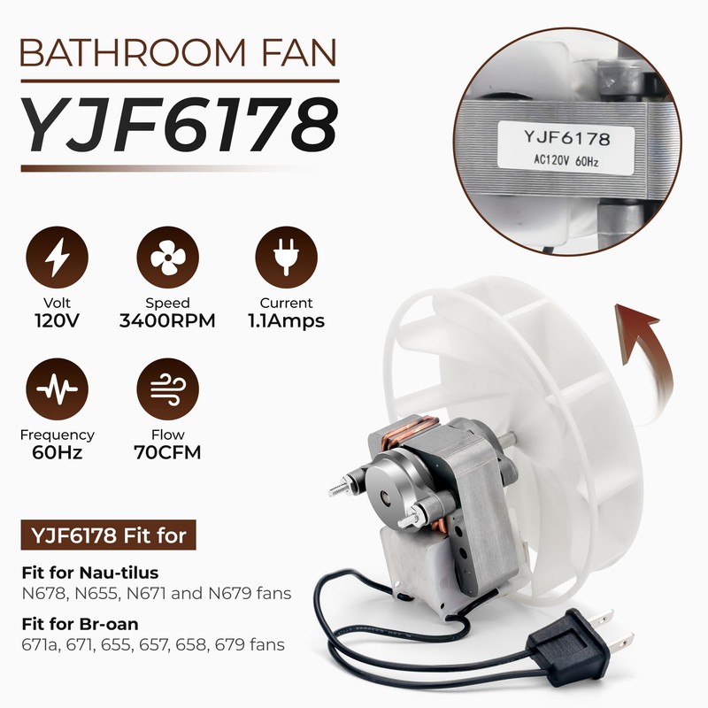 Upgraded 70CFM Bathroom Exhaust Fan Motor Replace 99080166 BP28 YJF6178