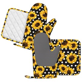 CEVIOLINRE Sunflowers Oven Mitts and Pot Holders Set Silicone Heat Resistant White Dot Sunflower Kitchen Gloves Set Yellow Florals Kitchen Mittens Pot Holders for BBQ Cooking Baking Grilling