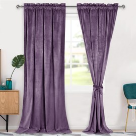 Hiasan Velvet Curtains 108 inches-Blackout Thermal Insulated Solid Soft Curtains for Bedroom Living Room Rod Pocket Room Darkening 2 Panels Window Drapes with Tiebacks, 52W x 108L, Lavender