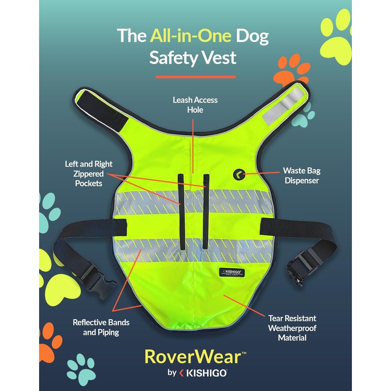 Kishigo RoverWear Reflective Safety Vest for Dogs DG100, 2 Zipper