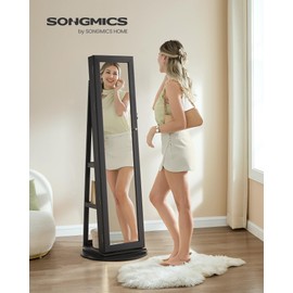 SONGMICS 360° Swivel Jewelry Cabinet, Lockable Jewelry Organizer with Full-Length Mirror, Rear Storage Shelves, Interior Mirror, Jewelry Armoire, Christmas Gifts, Black UJJC006B01