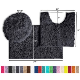 LuxUrux Bathroom Rugs 3pc Non-Slip Shaggy Chenille Bathroom Mat Set, Includes U-Shaped Contour Toilet Mat, 20 x 30'' and 18 x 20'' Lid Cover Bath Mat, Machine Washable (3 Pc Set - Style B, Charcoal)