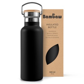 Bambaw Insulated Water Bottle 16 oz, Black Water Bottle, Stainless Steel Water Bottle, Dishwasher Safe Water Bottle, Travel Water Bottle No Straw, Metal Water Bottle – Jet Black