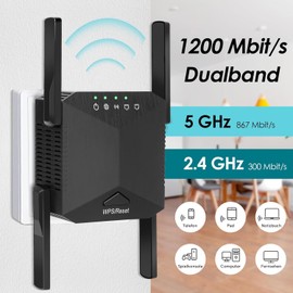zoeyzoey WLAN Amplifier 1200 Mbit/s WiFi Repeater Dual Band 5GHz + 2.4GHz WLAN Repeater with WPS WiFi Internet Amplifier Compatible with All Devices, WiFi Range Extender with LAN/WAN Port, EU Plug